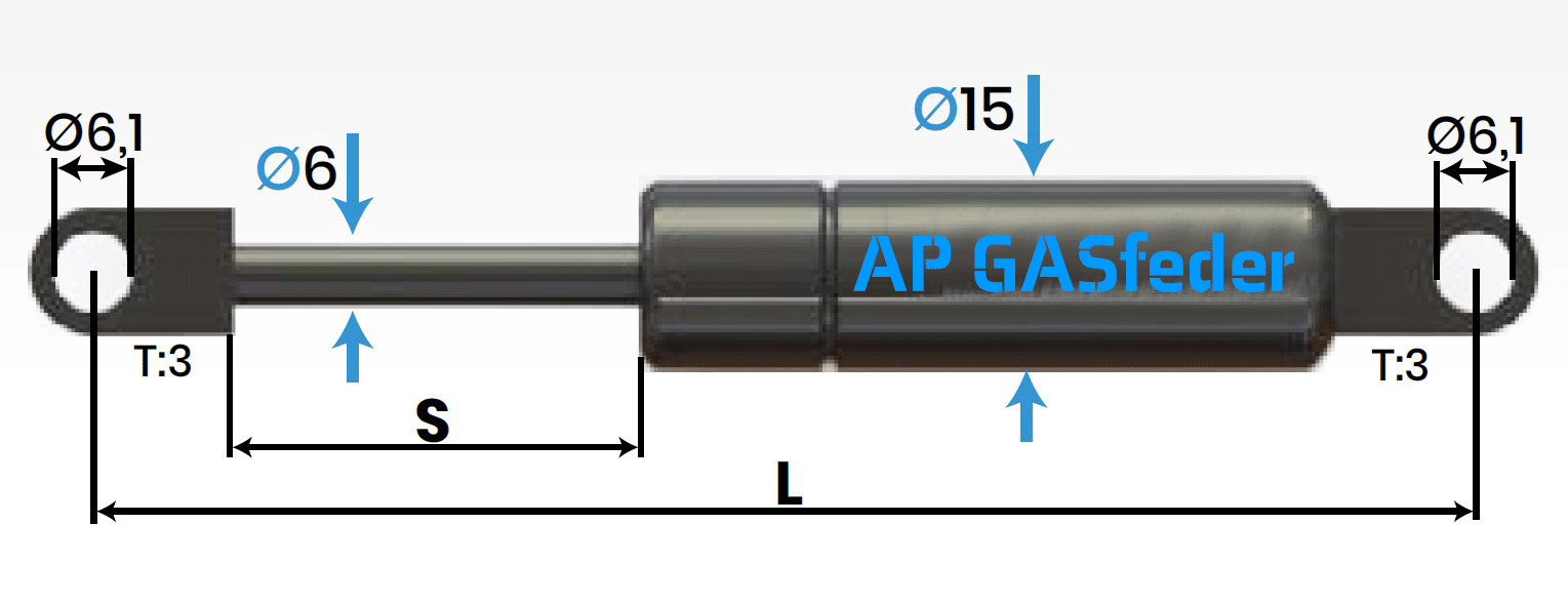 Bild von INOX AISI 304 AP GASfeder Edelstahl 200N, 6/15, Hub(S): 150 mm, Länge (L): 366 mm,  Alternatvie SRST.082686