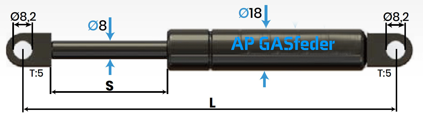 Bild von AP GASfeder 200N, 8/18, Hub(S): 250 mm, Länge (L): 586 mm,  Alternatvie SRST.084743