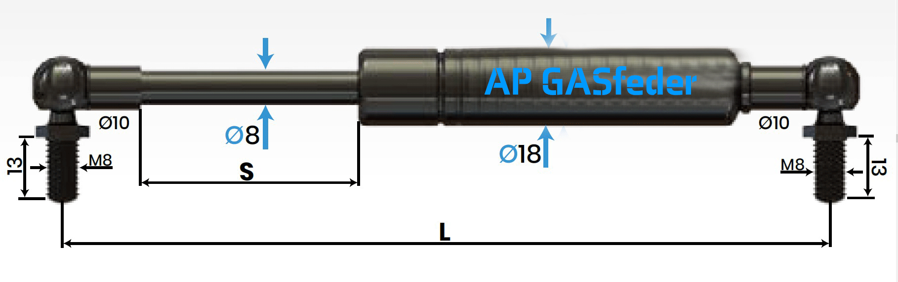 Bild von AP GASfeder 200N, 8/18, Hub(S): 200 mm, Länge (L): 485 mm,  Alternatvie SRST.083739