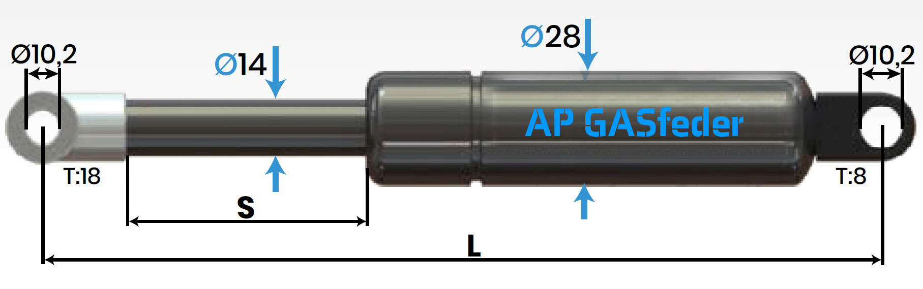Picture of AP GASfeder 1300N, 14/28, Hub(S): 350 mm, Länge (L): 802 mm,  Alternatvie SRST.1865LU