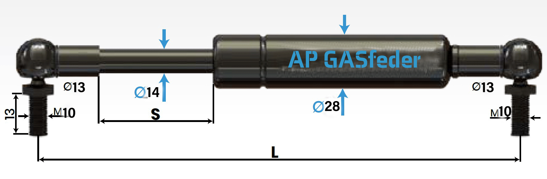 Bild von AP GASfeder 1900N, 14/28, Hub(S): 300 mm, Länge (L): 735 mm,  Alternatvie SRST.2377LE