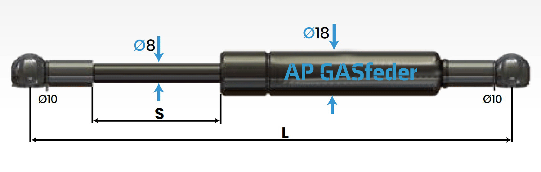 Bild von AP GASfeder 600N, 8/18, Hub(S): 250 mm, Länge (L): 585 mm,  Alternatvie SRST.108519