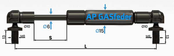 Bild von AP GASfeder 200N, 6/15, Hub(S): 60 mm, Länge (L): 195 mm,  Alternatvie SRST.1345DS