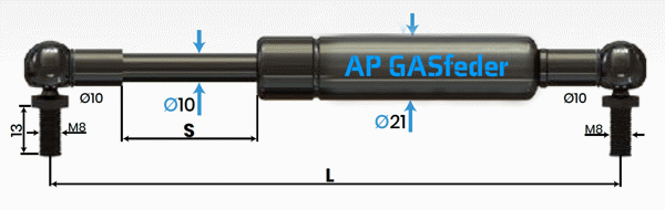 Bild von AP GASfeder 700N, 10/21, Hub(S): 400 mm, Länge (L): 885 mm,  Alternatvie SRST.085375