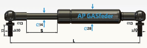 Bild von AP GASfeder 1900N, 14/28, Hub(S): 250 mm, Länge (L): 635 mm,  Alternatvie SRST.2373LY